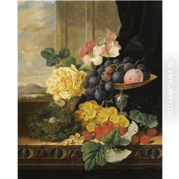 Black And Golden Hambro Grapes, Gloire Di Dijon Rose, Geranium, Tazza, Linnet's Nest And Raspberries Oil Painting by Edward Ladell