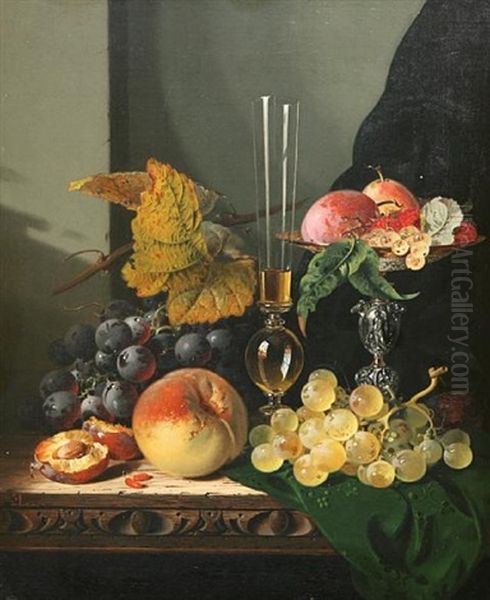 Still Life With Mixed Fruit, A Glass And A Tazza On A Table Oil Painting by Edward Ladell