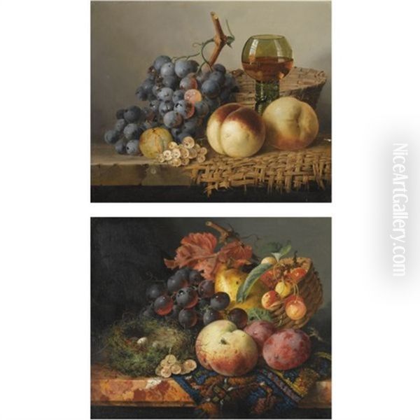 Still Life With A Goblet, A Basket, Peaches, Grapes And Whitecurrants (+ Still Life With A Bird's Nest, A Pear, Cherries, Plums, Grapes And A Peach; Pair) Oil Painting by Edward Ladell