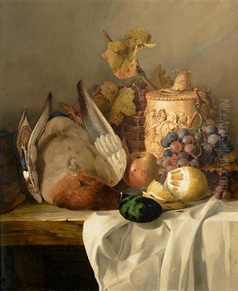 Still Life Of Mixed Fruit, Dead Game And Goblet, On A Table Oil Painting by Edward Ladell