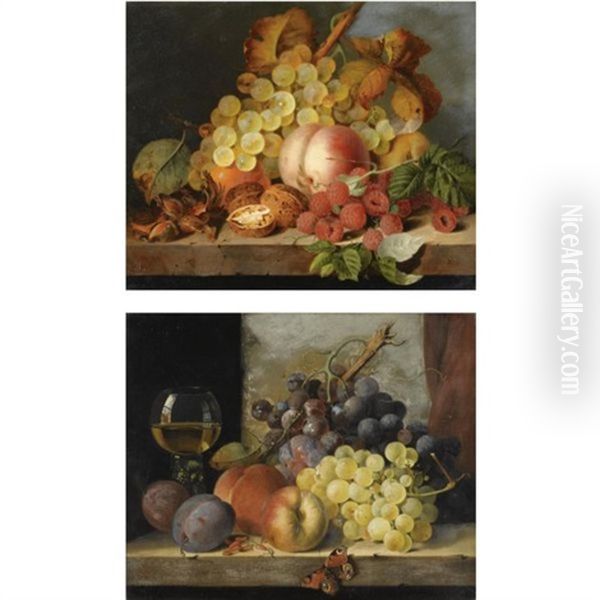 Still Life With Grapes, Peaches, Raspberries, Hazlenuts And Walnuts On A Stone Ledge (+ Still Life With A Wine Galss, Grapes, Peaches, Plums And A Peacock Butterfly On A Stone Ledge; 2 Works) Oil Painting by Edward Ladell