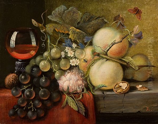 Still Life With Grapes, Peaches, Nuts And A Rummer Oil Painting by Edward Ladell