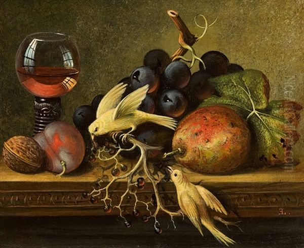 Still Life With Fruit, Rummer And Two Yellow Birds by Edward Ladell