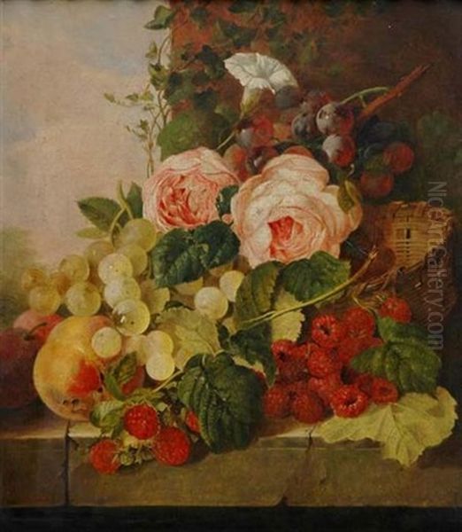 Still Life With Roses, Grapes And Raspberries On A Ledge Oil Painting by Edward Ladell