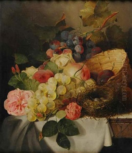 Still Life With Fruit, Flowers And Bird Nest On A Ledge Oil Painting by Edward Ladell