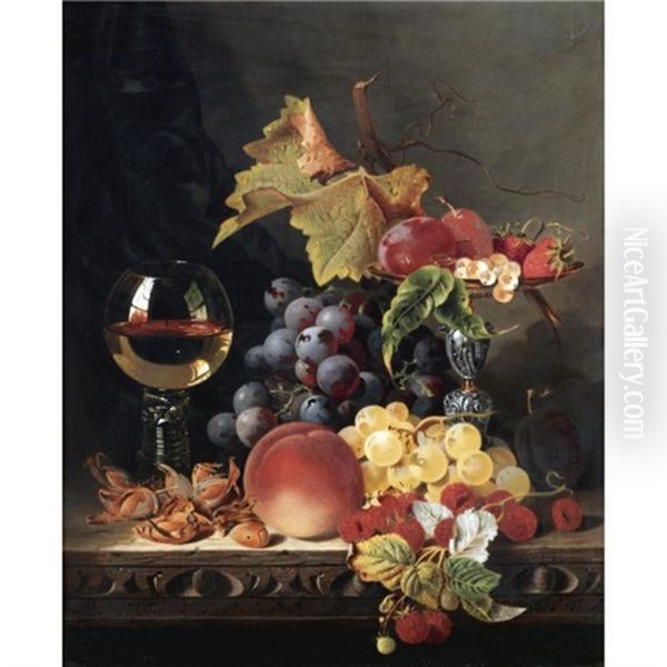 Still Life With A Wine Goblet And Silver Tazza, Grapes, Berries, Plums And Hazelnuts Oil Painting by Edward Ladell