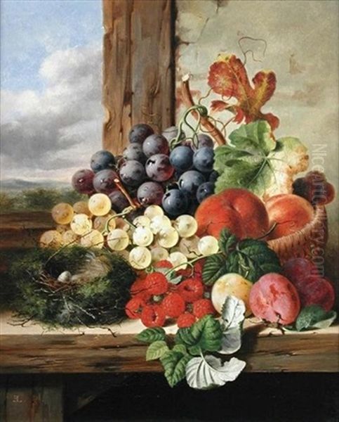 A Still Life Of A Bird's Nest, Grapes, Raspberries And Peaches On A Ledge Oil Painting by Edward Ladell