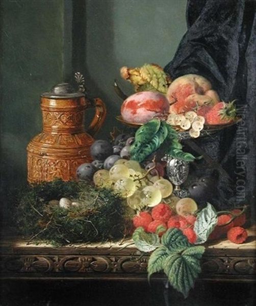 A Still Life Of Plums On A Silver Tazza, With A Stein, Grapes, Raspberries And A Bird's Nest On A Ledge Oil Painting by Edward Ladell