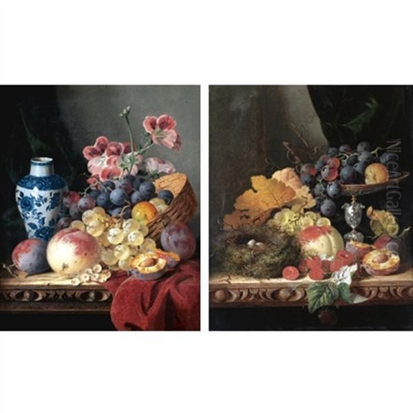 Still Life With A Blue And White Vase, Peaches And Grapes (+ Still Life With A Bird's Nest, Fruit And A Silver Tazza; 2 Works) Oil Painting by Edward Ladell