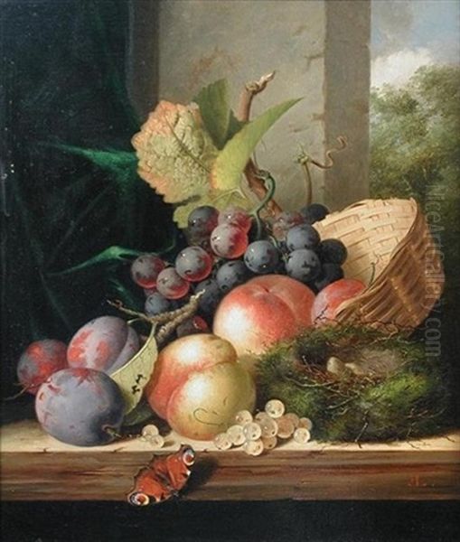 A Still Life Of A Bunch Of Grapes, Plums, Peaches And A Bird's Nest On A Ledge With A Peacock Butterfly Oil Painting by Edward Ladell