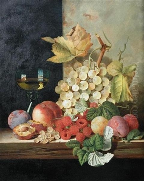 A Still Life Of A Roemer With A Bunch Of Grapes, Peaches And Raspberries On A Ledge Oil Painting by Edward Ladell