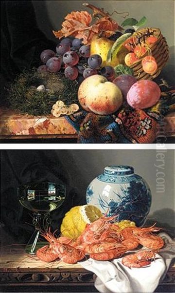 Still Life With Peaches, Plums, Cherries, Grapes A Pear And A Bird's Nest (+ Still Life With Prawns, A Lemon, Wine Glass And Delft Pot; 2 Works) Oil Painting by Edward Ladell