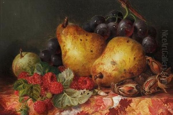 Still Life Of Fruit On A Marble Ledge (+ Still Life Of Shrimp And Two Peeled Lemons On A Table; Pair) Oil Painting by Edward Ladell