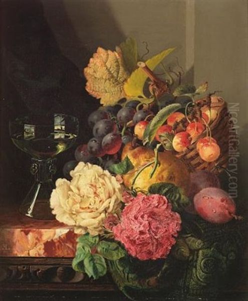 Still Life With Flowers, Fruit And Glass Oil Painting by Edward Ladell