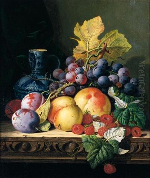 Still Life With A Stoneware Jug, Peaches, Raspberries, Plums And Grapes On A Carved Ledge Oil Painting by Edward Ladell