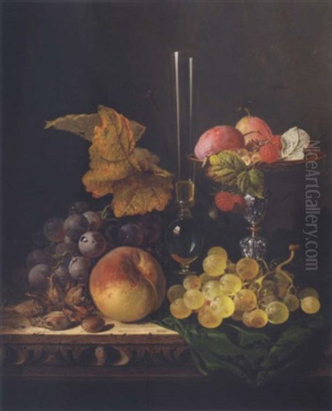 Stil Life With Peaches, Grapes, Hazelnuts, Raspberries And Plums, With A Wine Glass Oil Painting by Edward Ladell