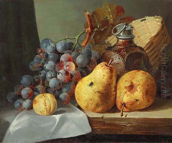 Pears, Grapes, Plums, A Greengage, A Stoneware Flask And A Wicker Basket On A Wooden Ledge Oil Painting by Edward Ladell