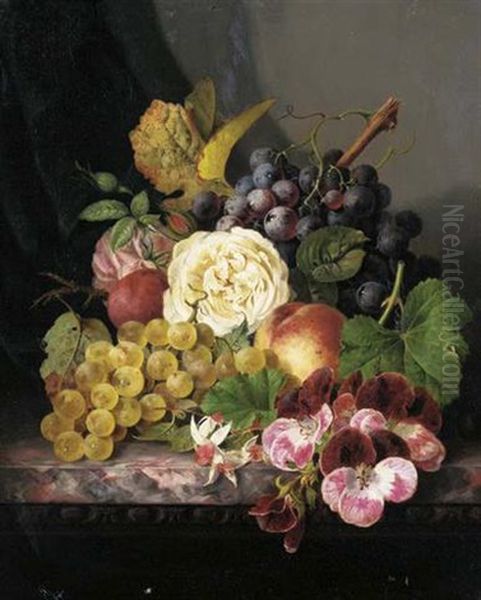 Grapes, A Plum, A Peach, Roses, Fuchsias And Pansies On A Marble Ledge Oil Painting by Edward Ladell