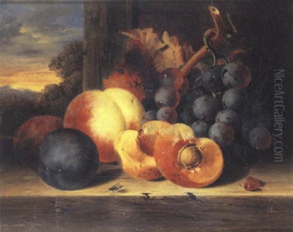 Still Life Of Fruit On A Ledge, A Landscape Beyond Oil Painting by Edward Ladell