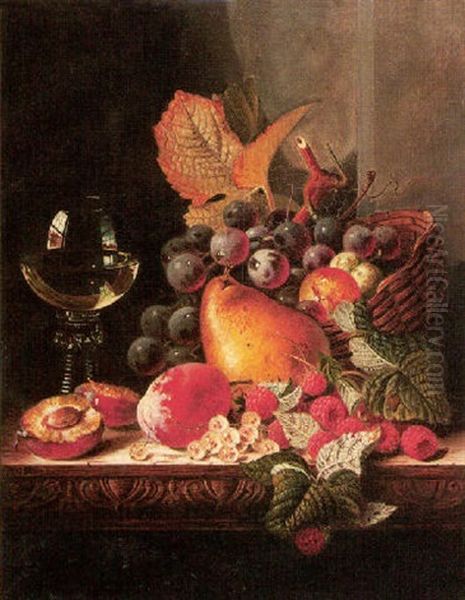 Still Life With A Glass, Plums, Grapes, Raspberries And A Pear Oil Painting by Edward Ladell