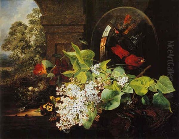 Still Life Of Blossom And Birds Of Paradise Oil Painting by Edward Ladell