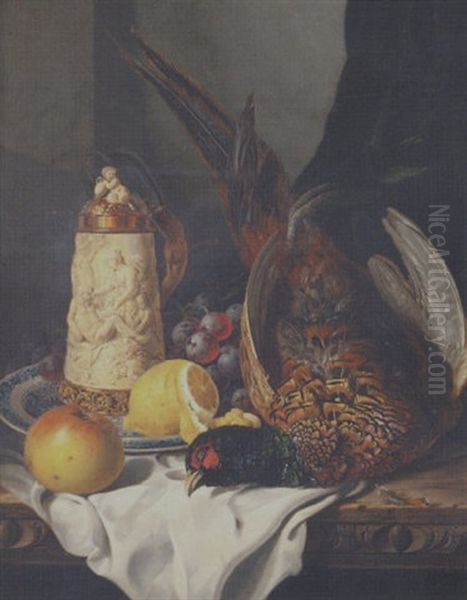 A Still Life With Fruit, Pheasant, Carved Ivory Tankard And Blue-and-white Dish, On A Table-top Oil Painting by Edward Ladell