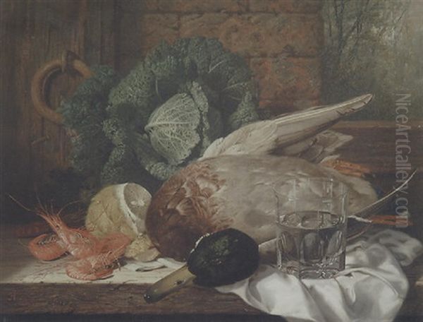 Still Life With A Duck, Shrimps And A Glass Oil Painting by Edward Ladell