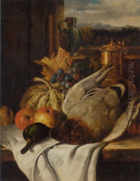 Grapes, Apples, A Gourd, A Tomato, A Mallard, A Tigerware Jug And Flagon On A Wooden Ledge Oil Painting by Edward Ladell