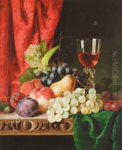 Still Life With Mixed Fruit And A Wine Glass On A Ledge Oil Painting by Edward Ladell