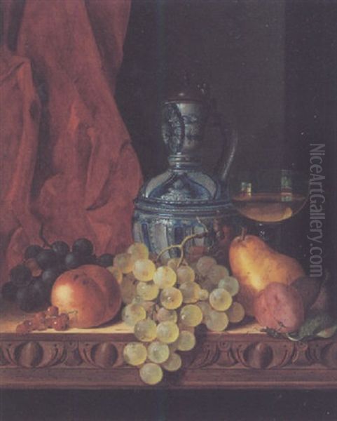 Still Life With Wine Glass, Wine Jug, Peach, Pear, Plums And Grapes Oil Painting by Edward Ladell