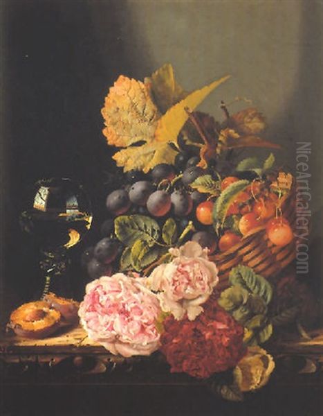 Still Life Of Flowers, Grapes, Cherries And A Glass Of White Wine Oil Painting by Edward Ladell