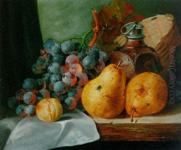 Pears, Grapes, A Greengage, Plums, A Stoneware Flask And A Wicker Basket, On A Wooded Ledge Oil Painting by Edward Ladell