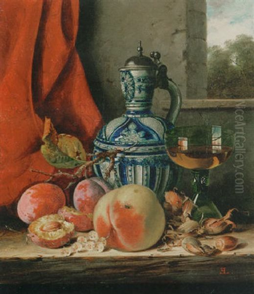 Still Life With Peaches, White Currants, Hazelnuts, A Glass And A Stoneware Jug On A Wooden Ledge With A Landscape Beyond Oil Painting by Edward Ladell