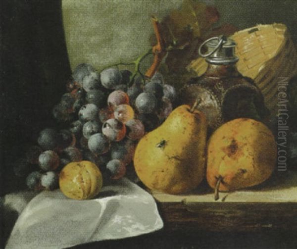 Pears, Grapes, A Greengage, Plums, A Stoneware Flask And A Wicker Basket On A Wooden Ledge Oil Painting by Edward Ladell