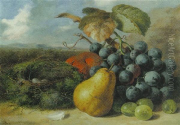 Gooseberrys, A Pear, A Peach, Grapes And A Bird's Nest On A Bank Oil Painting by Edward Ladell