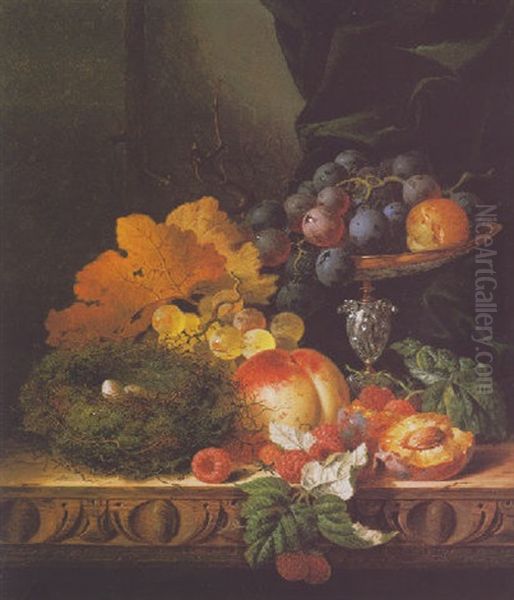 Still Life With Fruit And A Bird's Nest On A Carved Wooden Table Oil Painting by Edward Ladell