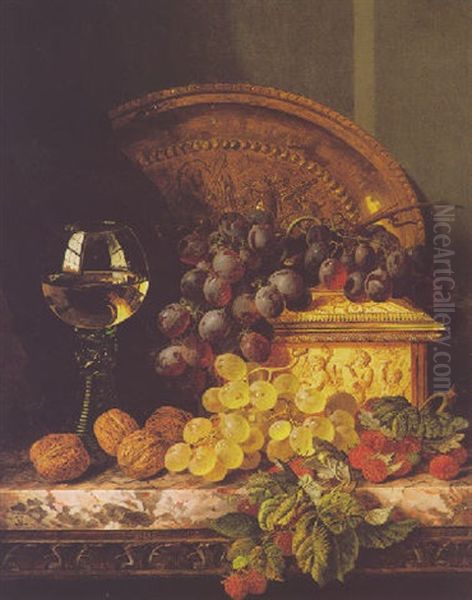 Still Life With Grapes, Walnuts And A Wine Glass On A Marble Ledge Oil Painting by Edward Ladell