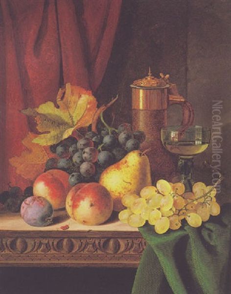 Still Life With Grapes, Peaches, A Wine Goblet And A Covered Flask On A Ledge Oil Painting by Edward Ladell