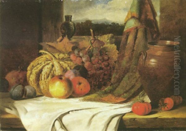 A Still Life With A Squash, Fruit And A Pot On A Table And A View Through A Window Beyond Oil Painting by Edward Ladell