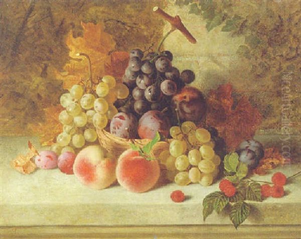 Fruit On A Ledge In A Landscape Oil Painting by Edward Ladell