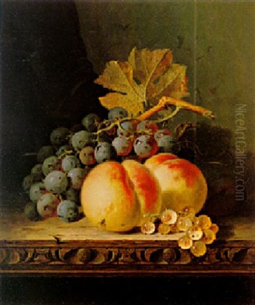 Still Life With Peaches, Grapes, Currants And A Plum On A Ledge Oil Painting by Edward Ladell