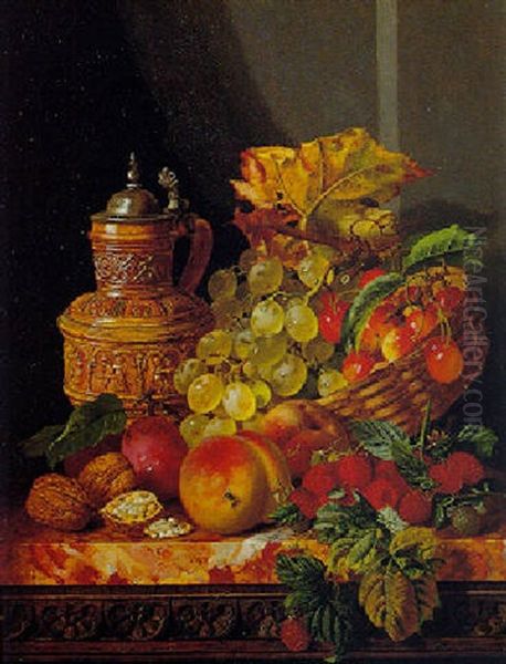 Still Life With Summer Fruit And A Flaggon On A Marble Table Oil Painting by Edward Ladell