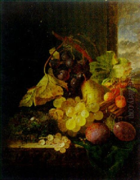 Grapes, Pear And Other Fruit, And A Nest With Two Eggs On A Wooden Ledge Oil Painting by Edward Ladell