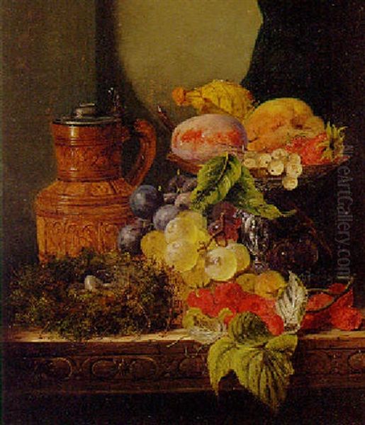 Grapes, Raspberries And Other Fruits On A Tazza, With A Bird's Nest And A Stoneware Jug Oil Painting by Edward Ladell