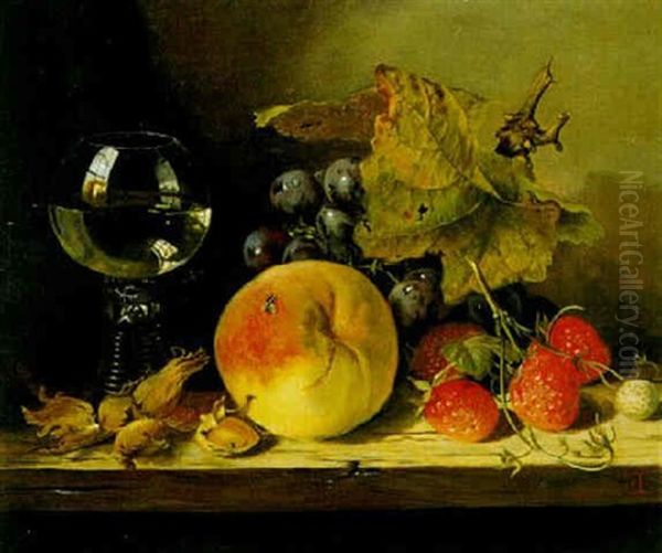 Stilleben Mit Fruchten Und Glas Auf Einem Holztisch Oil Painting by Edward Ladell