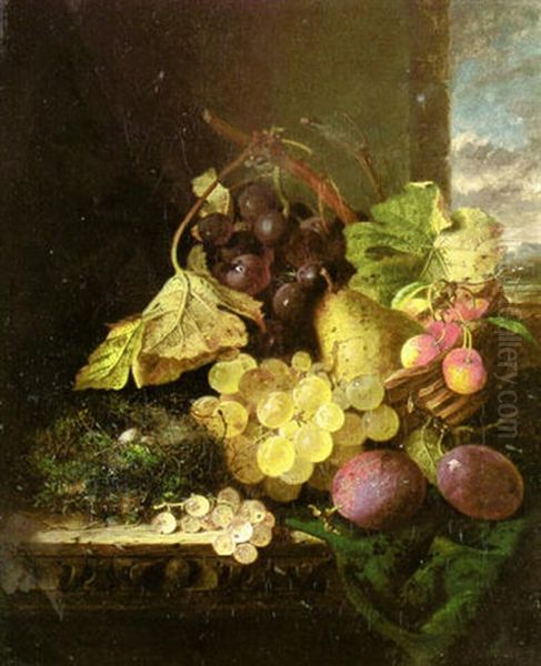 Fruit And A Nest With Two Eggs On A Carved Wooden Ledge Oil Painting by Edward Ladell