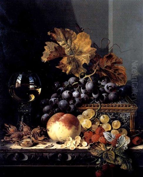 Still Life With Fruit, Glass And A Casket Oil Painting by Edward Ladell