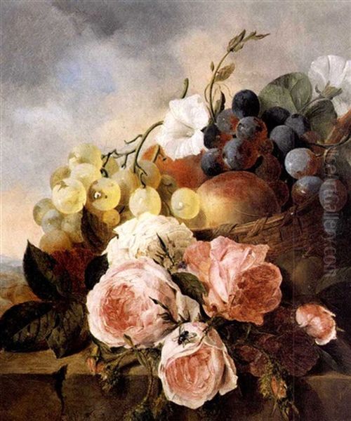 Still Life With Fruit, Roses And Convolvulus Oil Painting by Edward Ladell