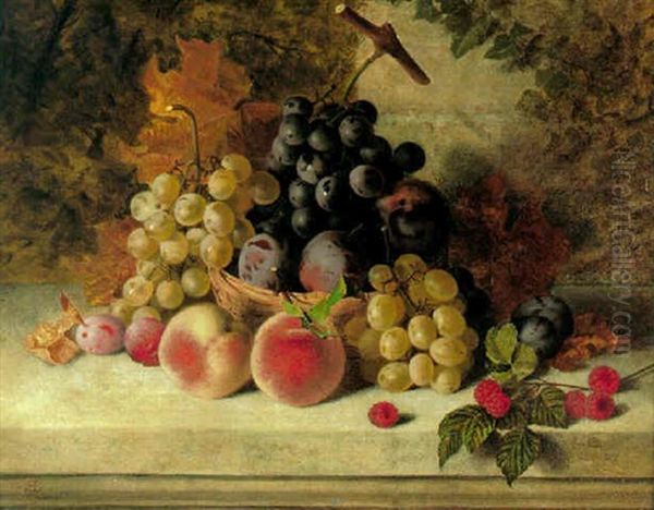 Still Life With Basket Of Fruit On A Stone Ledge Oil Painting by Edward Ladell