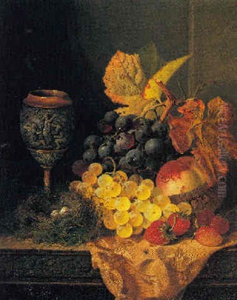 Still Life Wih Fruit, Bird's Nest And A Goblet Oil Painting by Edward Ladell